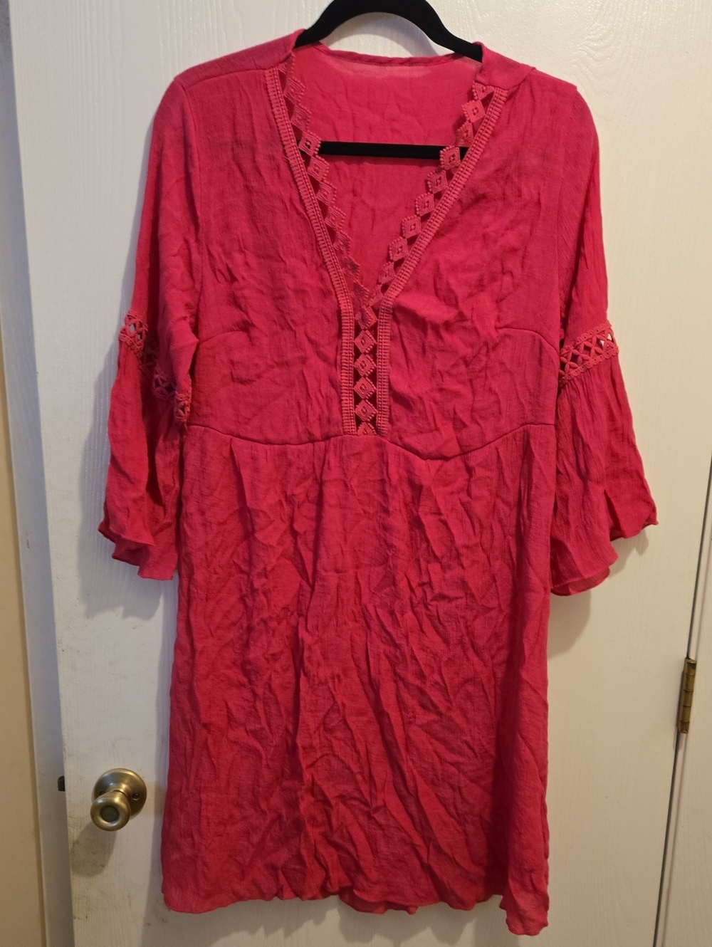 Bright Pink Crochet-Trim Boho Tunic Dress - L17